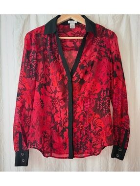 Vintage Cache Red and Black Floral Sheer Blouse Size S #90s #mobwife #siren